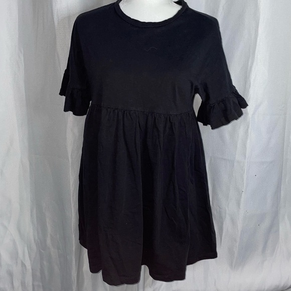 Asos Design Mini Dress Slubby Frill Short Sleeve Smock Pleated A-Line Shift - Picture 1 of 5